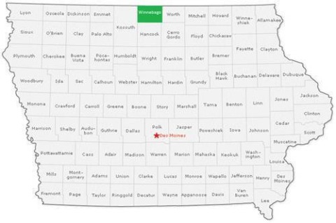 Map of the State of Iowa showing Winnebago County's location in the north.